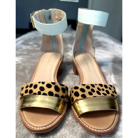 Loeffler Randall Henry Animal Print Gold Blue Block Heel Sandals Womens Size 7 - Picture 1 of 10